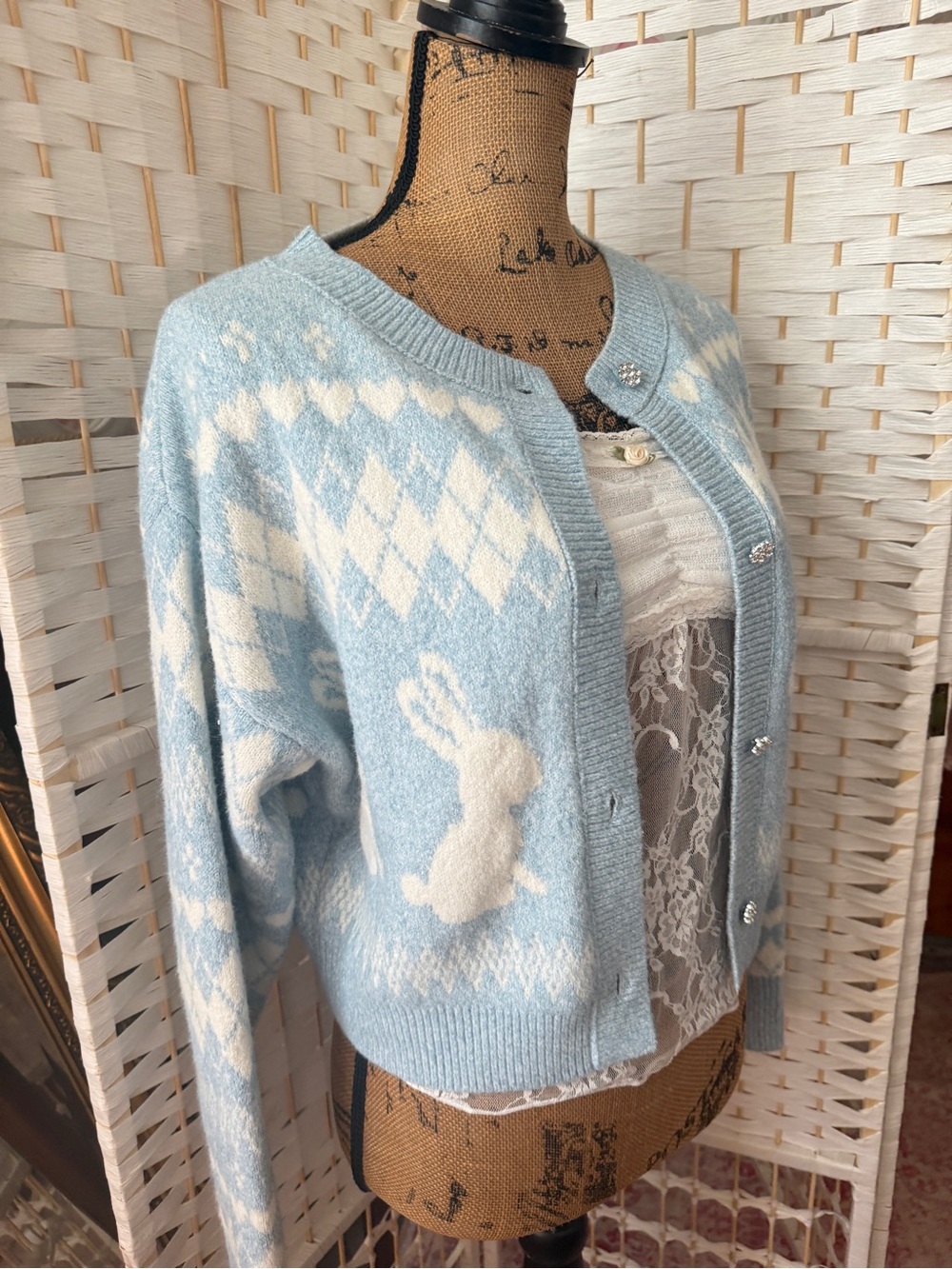 Light Blue Bunny Print Argyle Cardigan Sweater